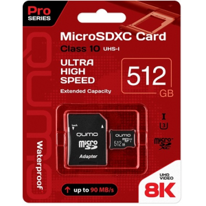 Карта памяти 512Gb MicroSD QUMO + SD адаптер (QM512GMICSDXC10U3), фото 
