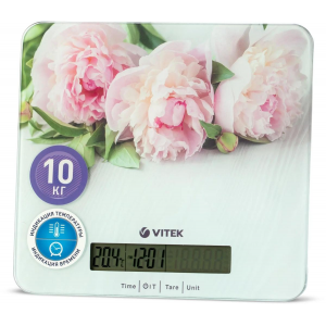 Весы кухонные Vitek VT-2414 (MC) цветы 1. Максимальный вес 10 кг  2. Цена деления 1 г 3. Размер LCD дисплея 95х18 мм, фото 
