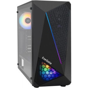 Корпус Miditower ExeGate EVO-8225 (ATX, без БП, 2*USB+1*USB3.0, черный, 2 вент. с RGB подсветкой и полоса на передней панели, боковая панель - закаленное стекло), фото 