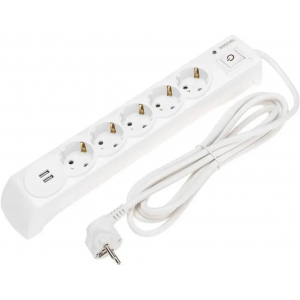 Фильтр сетевой 5 гнезд, 3м, 3х1,5мм², с автовыкл, 2 USB, белый KRANZ, фото 