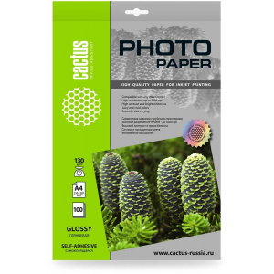 Фотобумага Cactus CS-GSA4130100 A4/130г/м2/100л. глянцевое самоклей. для струйной печати, фото 