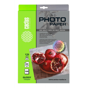 Фотобумага Cactus CS-GA4170100 A4/170г/м2/100л./белый глянцевое для струйной печати, фото 