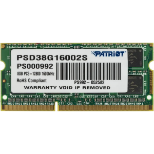 Модуль памяти Patriot SO-DIMM DDR3 8GB PSD38G16002S (PC3-12800, 1600MHz, 1.5V), фото 