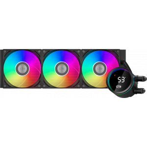 Система охлаждения PCCooler DA360 Pro ARGB Digital BK (300W, 360mm, LED temp., Black, ARGB/ Fans: 3x120mm, 75.8CFM, 33.7dBA, 2200RPM/ Pump height 57mm, 28dBA, 3000RPM, Rad thickness 27mm/ S: 1851, 1700, 1200, 20XX, 115X, AM5, AM4), фото 