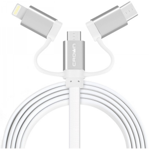 Кабель Crown USB - microUSB/USB Type-C/Lightning CMCU-3182 white, фото 