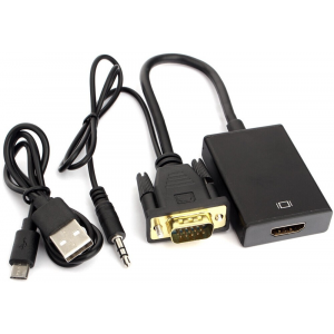 Переходник VGA (M)-HDMI (F) Cablexpert A-VGA-HDMI-01, 19M/15F, длина 15см, аудиовыход Jack 3,5 (M), питание от USB, фото 