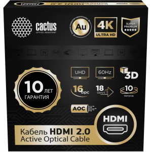 Кабель аудио-видео Cactus CS-HDMI-AOC-2-10 HDMI (m)/HDMI (m) 10м. позолоч.конт. черный, фото 