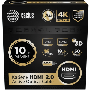 Кабель аудио-видео Cactus CS-HDMI-AOC-2-50 HDMI (m)/HDMI (m) 50м. позолоч.конт. черный, фото 