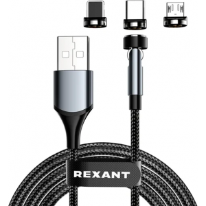 Кабель USB REXANT 18-7076 3в1 со съемными магнитными портами, Type-С (2A), Lightning (2,4A), Micro USB (2A), 1,2м, в черной оплетке, с LED подсветкой, фото 