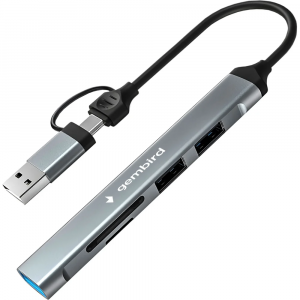 Картридер Type-C/USB-A (3.1) Gembird FD2-MSD-3, 5в1: 2xUSB2.0, USB3.1, SD/TF, кабель 10см, алюминий, фото 