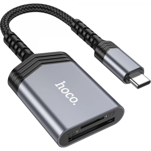 Картридер Type-C (OTG) Hoco UA25, 2в1: SD, TF (MicroSD), кабель 19см, алюминий, фото 
