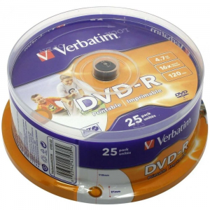 Диск DVD-R Verbatim 4.7Gb 16x Cake Box (25шт) Printable (43538), фото 
