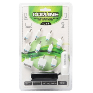 Автомобильное зарядное устройство  CARLINE®  для мобильных устройств 10 в 1, 2 х USB (1A и 2.1А) в прикуриватель, цвет белый, фото 