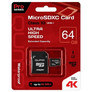 Карта памяти QUMO MicroSDXC 64GB Сlass 10 UHS-I ,3.0 без адаптера SD, черно-красная картонная упаковка (QM64GMICSDXC10U1NA), фото 