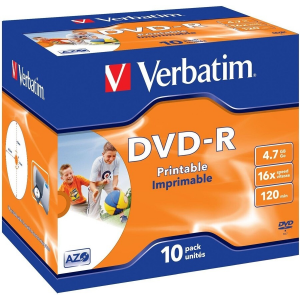 Диск DVD+R Verbatim 4.7Gb 16x Jewel case (10шт) Printable (43508), фото 