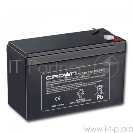 Батарея  CROWN CBT-12-7.2 (напряжение 12В, емкость 7.2 А/Ч, разм 151х65х100 мм, вес 2,1 кг, тип клеммы - F2, 5 лет), фото , изображение 2