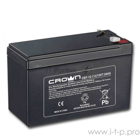 Батарея  CROWN CBT-12-7.2 (напряжение 12В, емкость 7.2 А/Ч, разм 151х65х100 мм, вес 2,1 кг, тип клеммы - F2, 5 лет), фото , изображение 3