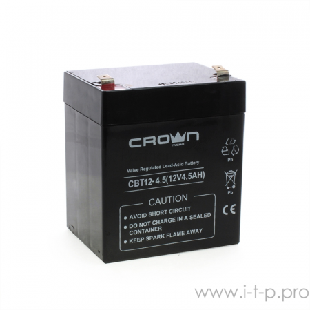 Аккумулятор CROWN CBT-12-4.5, напряжение 12В, ёмкость  4,5 А/Ч, размеры (мм)  90х70х101, вес 1,48 кг, тип клеммы - F2, тип АКБ - свинцово кислотная с загущеным электролитом в гель, срок службы 6 лет, фото , изображение 3