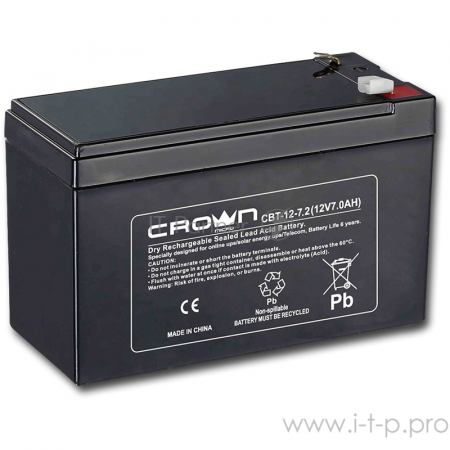 Батарея  CROWN CBT-12-7.2 (напряжение 12В, емкость 7.2 А/Ч, разм 151х65х100 мм, вес 2,1 кг, тип клеммы - F2, 5 лет), фото 