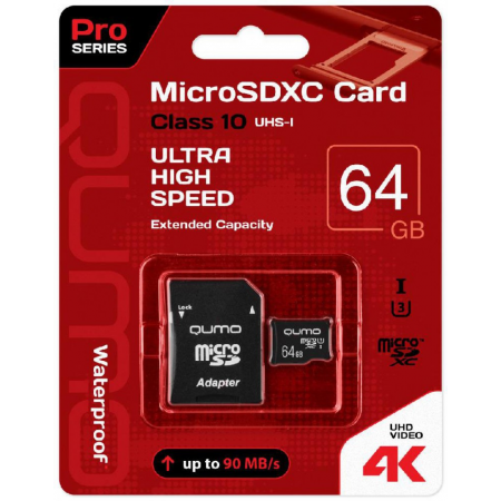 Карта памяти 64Gb MicroSD QUMO + SD адаптер (QM64GMICSDXC10U3), фото 