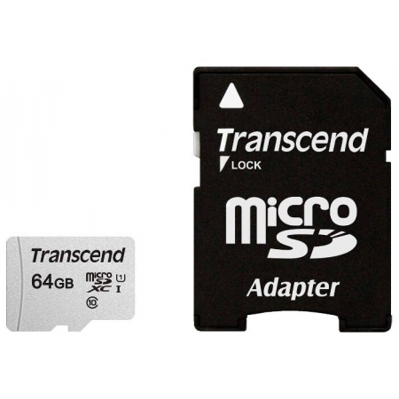 Карта памяти 64Gb MicroSD Transcend + SD адаптер  (TS64GUSD300S-A), фото 