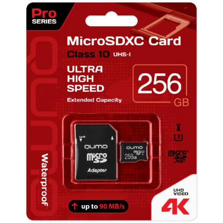 Карта памяти 256Gb MicroSD QUMO + SD адаптер (QM256GMICSDXC10U3), фото 