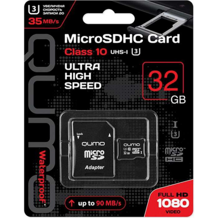 Карта памяти 32Gb MicroSD QUMO + SD адаптер (QM32GMICSDHC10U3), фото 