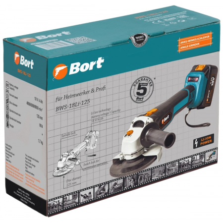 Машина шлифовальная угловая аккумуляторная Bort BWS-18Li-125 Диам. диска 125 мм; Аккумулятор 4 А.ч; Скорость холостого хода 4 000 - 9 000 об/мин;, фото , изображение 11