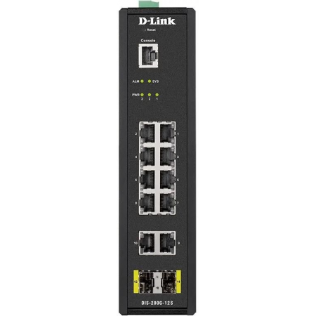 Коммутатор D-Link DIS-200G-12S/A1A, L2 Managed Industrial Switch with 10 10/100/1000Base-T and 2 1000Base-X SFP ports 8K Mac address, 802.3x Flow Control, 802.3ad Link Aggregation, Port Mirroring, 128 of 802.1Q, фото 
