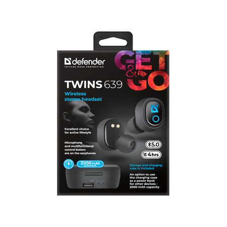 Беспроводные наушники Defender Twins 639, черный, фото , изображение 7