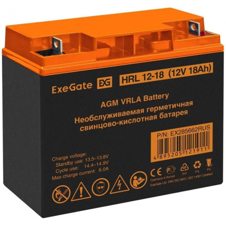 Аккумуляторная батарея ExeGate EX285662RUS HRL 12-18 (12V 18Ah, клеммы F3 (болт М5 с гайкой)), фото 