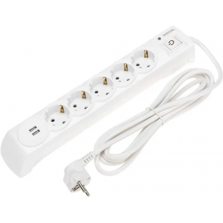 Фильтр сетевой 5 гнезд, 3м, 3х1,5мм², с автовыкл, 2 USB, белый KRANZ, фото 