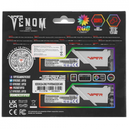 Оперативная память DIMM Patriot Viper Venom RGB DDR5 64Gb PVVR564G520C40K (2x32Gb), фото , изображение 5