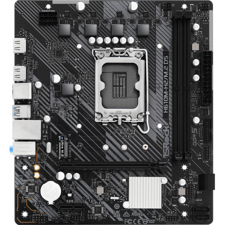 Материнская плата ASRock H610M-H2/M.2 D5, Socket 1700, Intel®H610, 2xDDR5-4800, HDMI+HDMI, 1xPCI-Ex16, 1xPCI-Ex1, 4xSATA3, 1xM.2, 8Ch Audio, GLan, (4+2)xUSB2.0, (2+2)xUSB3.2, 1xPS/2, mATX, RTL, фото 