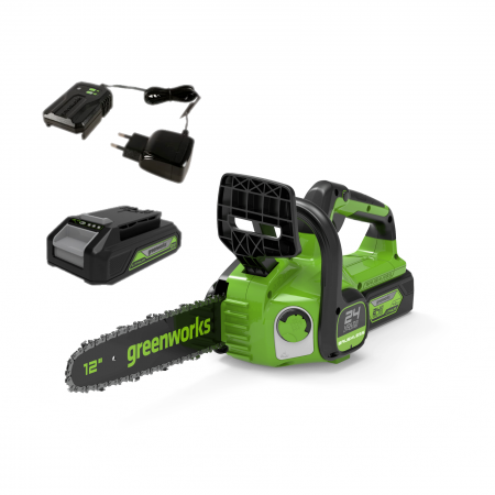 Цепная пила аккумуляторная GreenWorks GD24CS30K2, 24V, 30см, бесщеточная, c АКБ 2 Ач и ЗУ (2007007UA), фото , изображение 2