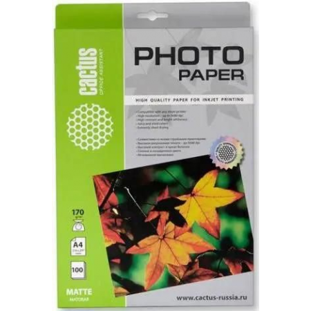 Фотобумага Cactus CS-MA4170100 матовая A4 170 г/м2 100 листов, фото 