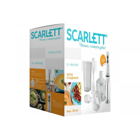 Блендер SCARLETT SC-HB42M33 белый Максимальная мощность 700 Вт, 4 в 1: подходит для измельчения, взбивания, смешивания, приготовления картофельного пюре, Измельчитель 0.6л Насадка блендер из нержавеющей стали «Steel Pro», Венчик для взбивания Насадка для, фото , изображение 8