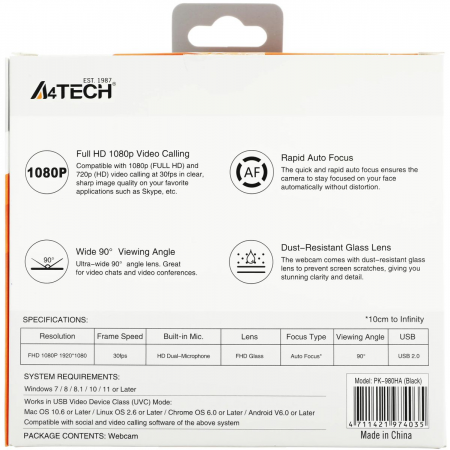 Камера Web A4Tech PK-980HA черный 2Mpix (1920x1080) USB3.0 с микрофоном, фото , изображение 12