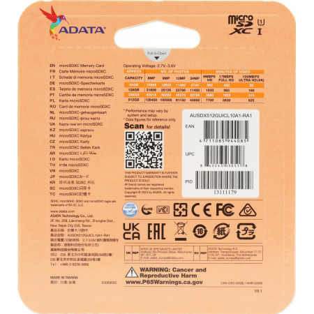 Карта памяти MICRO SDXC 512GB AUSDX512GUICL10A1-RA1 ADATA, фото , изображение 5