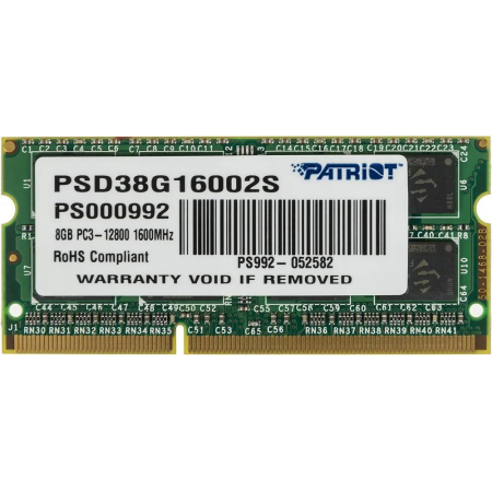 Модуль памяти Patriot SO-DIMM DDR3 8GB PSD38G16002S (PC3-12800, 1600MHz, 1.5V), фото 