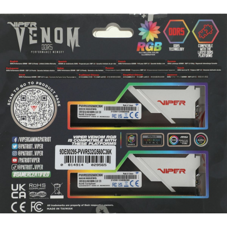 Оперативная память DIMM Patriot Viper Venom RGB DDR5 32Gb PVVR532G560C36K (2x16Gb), фото , изображение 11