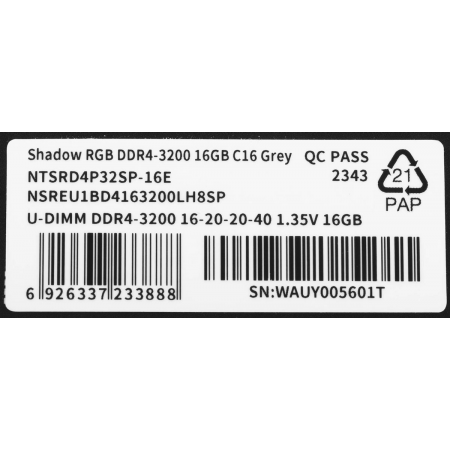 Оперативная память DIMM Netac Shadow RGB DDR4 16Gb NTSRD4P32SP-16E, фото , изображение 8