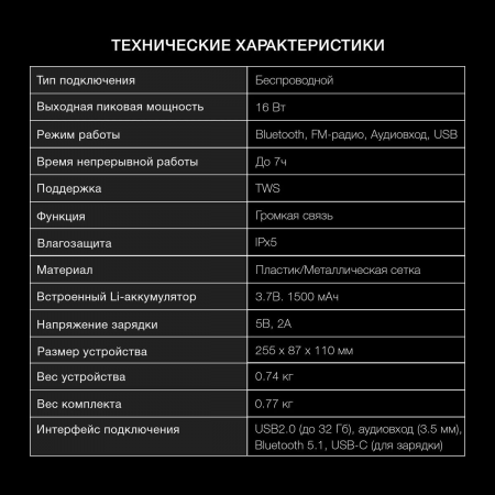 Колонка порт. Hyundai H-PS1020 черный 16W 2.0 BT 10м 1500mAh, фото , изображение 12