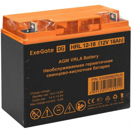 Аккумуляторная батарея ExeGate EX285662RUS HRL 12-18 (12V 18Ah, клеммы F3 (болт М5 с гайкой)), фото , изображение 6