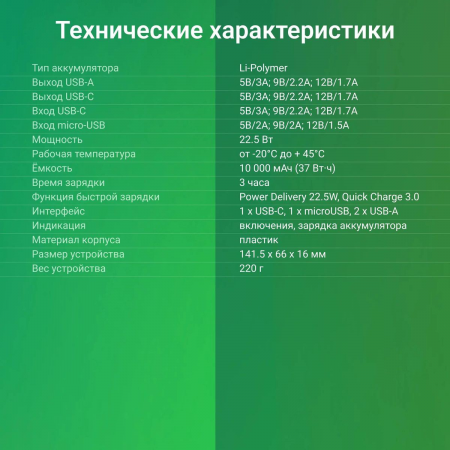 Мобильный аккумулятор Digma DGPF10A 10000mAh QC3.0/PD3.0 22.5W 5A 2xUSB-A/USB-C черный (DGPF10A22PBK), фото , изображение 6
