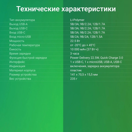 Мобильный аккумулятор Digma DGPF10B 10000mAh QC3.0/PD3.0 22.5W 3A USB-A/USB-C черный (DGPF10B22PBK), фото , изображение 15