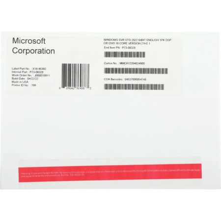 ПО Windows Svr Std 2022 64Bit English 1pk DSP OEI DVD 16 Core, фото 