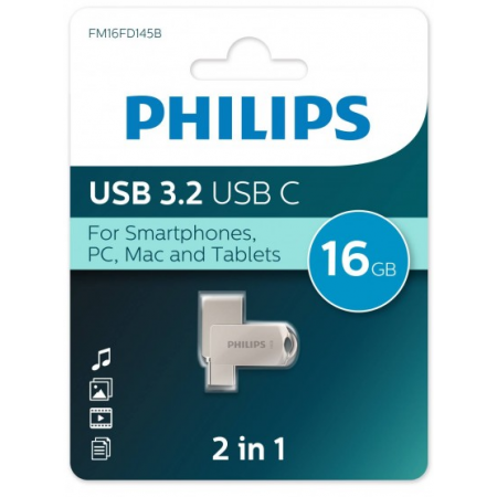 Флеш диск 16Gb PHILIPS 2-in-1 USB 3.2 USB C, OTG, USB 3.2/Type-C, Металл, 100 MB/s, фото 