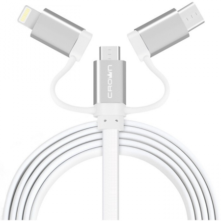 Кабель Crown USB - microUSB/USB Type-C/Lightning CMCU-3182 white, фото 