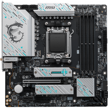 Материнская плата MSI B650M GAMING PLUS WIFI, AM5, AMD B650, 4xDDR5, 4xSATA, 2xM.2, 1xPCI-E 4.0 x16, 2xPCI-E x1, 1xHDMI, 1xDP, 1x 2.5Gb LAN, 4xUSB-A 3.2 Gen 1, 3xUSB-A 3.2 Gen 2, 1xUSB-C 3.2 Gen 2, 3x3.5 мм, 7.1, Micro-ATX, фото 